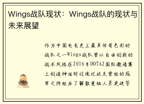 Wings战队现状：Wings战队的现状与未来展望