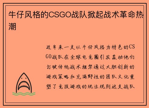 牛仔风格的CSGO战队掀起战术革命热潮